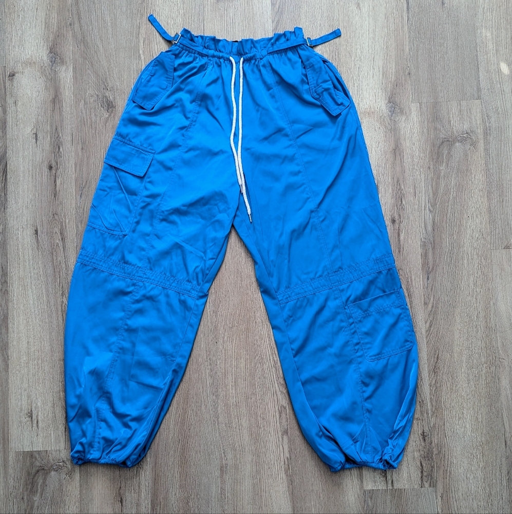 Cerulean Blue Adjustable Drawstring Baggy Cargo Pocket Parachute Dance Pants